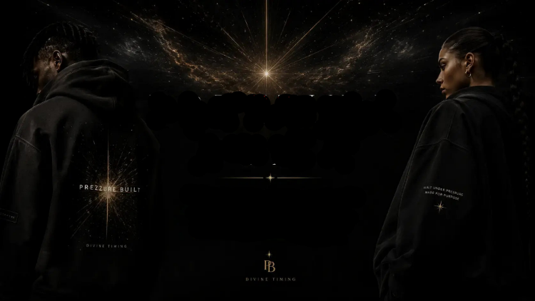 A dark promotional graphic with the text 'PREZZURE BUILT' centered, flanked by two people in black hoodies shown from the back and side against a starry black background. Smaller text includes 'From PREZZURE to PARADISE.