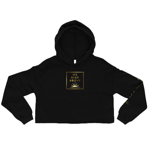 Black cropped hoodie with 'FOXTROT' text on a white background