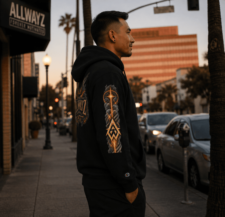 Celestial Flame Unisex Champion Graphic Hoodie - We Rise Above
