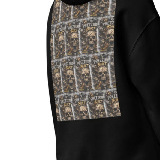 A man wearing a black hoodie with a large beige and brown patterned graphic on the back, paired with gray sweatpants and white sneakers, shown from a rear three-quarter view against a white background.