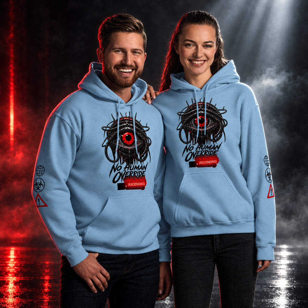A man and a woman modeling matching light blue hoodies with a graphic print of a third eye and the text 'No Human Override' and 'AOKING'.